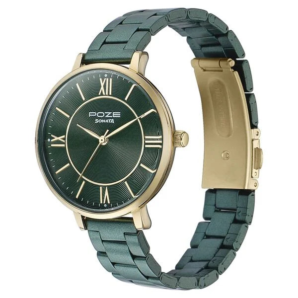 Sonata SP80080KM02WF | Sonata Poze Quartz Analog Green Dial Stainless Steel Strap Watch For Women
