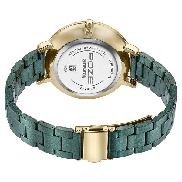 Sonata SP80080KM02WF | Sonata Poze Quartz Analog Green Dial Stainless Steel Strap Watch For Women