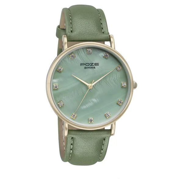 Sonata SP80084YL01W | Sonata Poze Quartz Analog Green Mother Of Pearl Dial Green Color Leather Strap Watch For Women