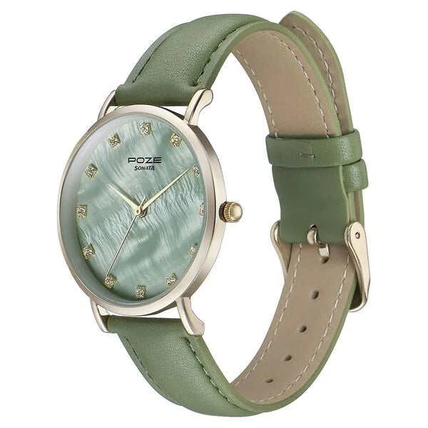 Sonata SP80084YL01W | Sonata Poze Quartz Analog Green Mother Of Pearl Dial Green Color Leather Strap Watch For Women