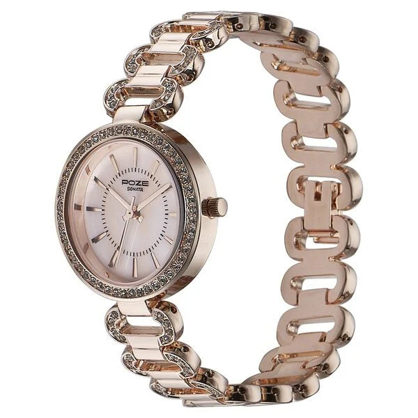 Sonata SP80086WM01 | Sonata Poze Quartz Analog Pink Dial Rose Gold Color Metal Strap Watch For Women