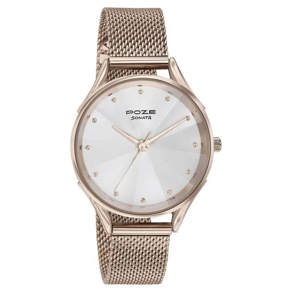 Sonata Poze SP80087WM01 | Sonata Poze Quartz Analog White Dial Rose Gold Color Stainless Steel Strap Watch For Women