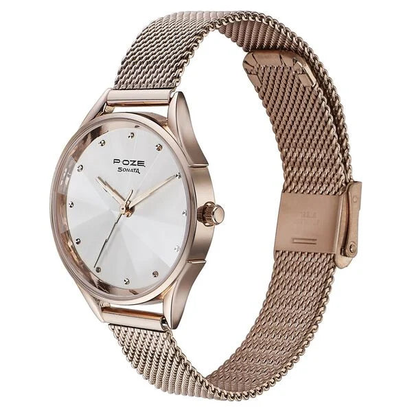 Sonata Poze SP80087WM01 | Sonata Poze Quartz Analog White Dial Rose Gold Color Stainless Steel Strap Watch For Women