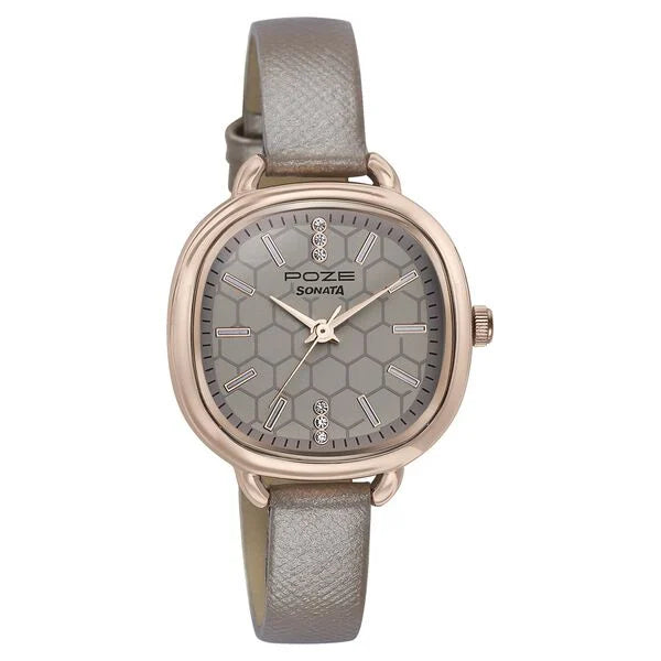 Sonata Poze SP80092WL01 | Sonata Poze Quartz Analog Grey Dial Leather Strap Watch For Women
