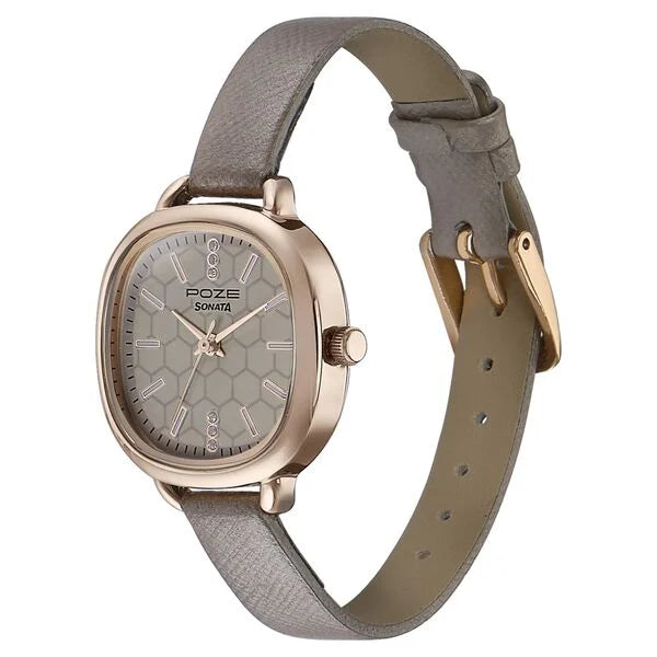 Sonata Poze SP80092WL01 | Sonata Poze Quartz Analog Grey Dial Leather Strap Watch For Women