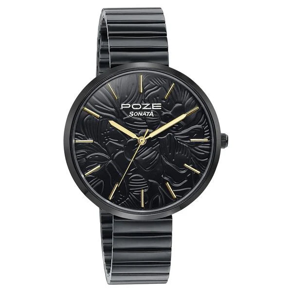 Sonata SP80093NM01 | Sonata Poze Quartz Analog Black Dial Stainless Steel Strap Watch For Women