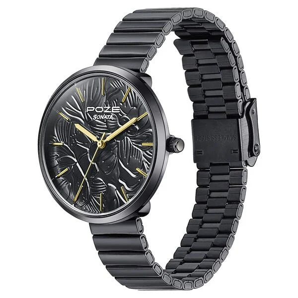 Sonata SP80093NM01 | Sonata Poze Quartz Analog Black Dial Stainless Steel Strap Watch For Women
