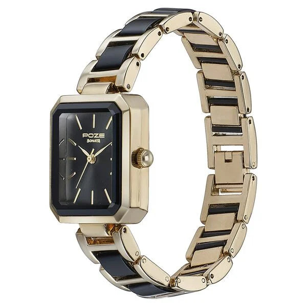 Sonata SP80094KD02 | Sonata Poze Quartz Analog Black Dial Two Toned Color Stainless Steel Strap Watch For Women