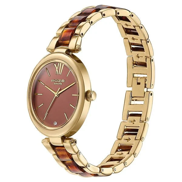 Sonata SP80095YM01 | Sonata Poze Quartz Analog Brown Dial Bimetal Strap Watch For Women