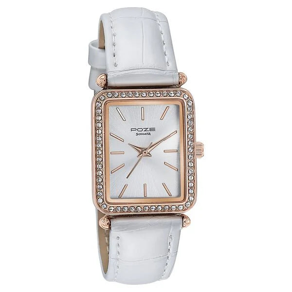 Sonata SP80098WL01 | Sonata Poze Quartz Analog White Dial Leather Strap Watch For Women