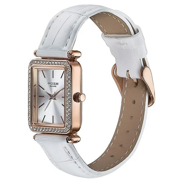 Sonata SP80098WL01 | Sonata Poze Quartz Analog White Dial Leather Strap Watch For Women