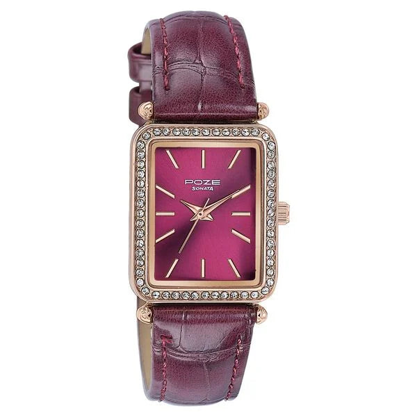 Sonata SP80098WL02 | Sonata Poze Quartz Analog Purple Dial Leather Strap Watch For Women
