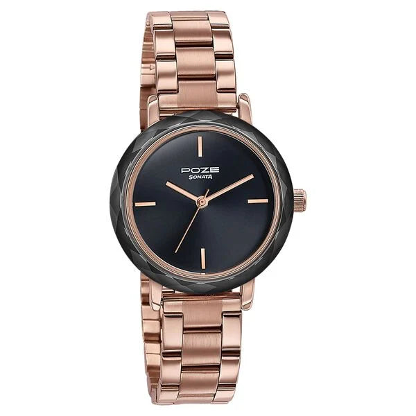 Sonata SP80099KM03 | Sonata Poze Quartz Analog Black Dial Stainless Steel Strap Watch For Women