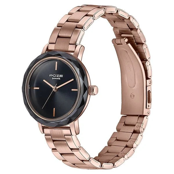 Sonata SP80099KM03 | Sonata Poze Quartz Analog Black Dial Stainless Steel Strap Watch For Women