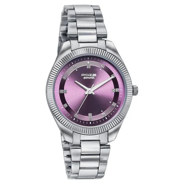 Sonata SP80106SM01 | Sonata Poze Quartz Analog Purple Dial Silver Metal Strap Watch For Women