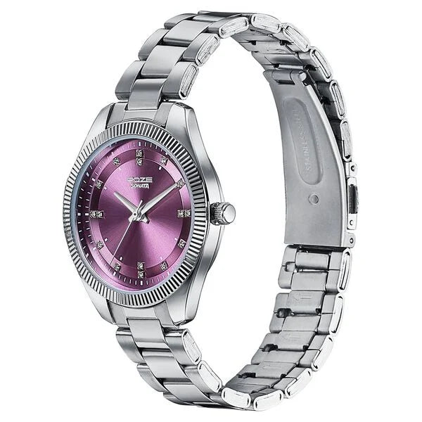 Sonata SP80106SM01 | Sonata Poze Quartz Analog Purple Dial Silver Metal Strap Watch For Women