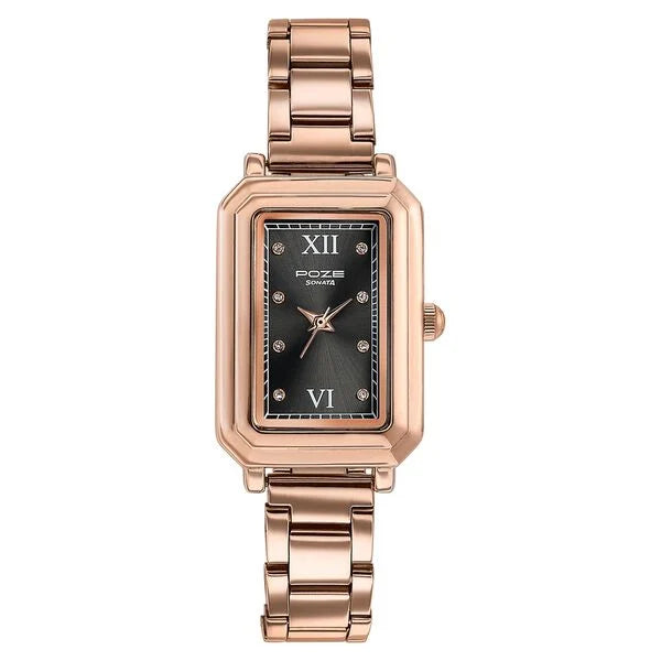 Sonata SP80116WM01 | Sonata Poze Quartz Analog Black Mother Of Pearl Dial Rose Gold Colour Stainless Steel Strap Watch For Women