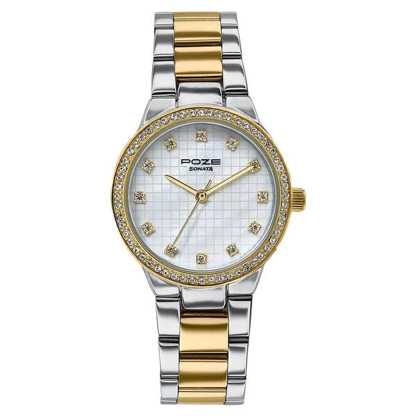 Sonata SP80120BM01 | Sonata Poze Quartz Analog White Dial Two Toned Colour Stainless Steel Strap Watch For Women