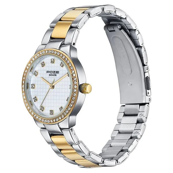 Sonata SP80120BM01 | Sonata Poze Quartz Analog White Dial Two Toned Colour Stainless Steel Strap Watch For Women