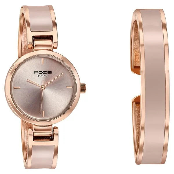 Sonata SP80138KM01WF | Sonata Poze Quartz Analog Pink Dial Two Toned Kada Strap Watch For Women