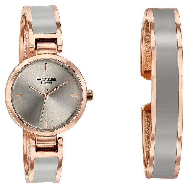 Sonata SP80138KM02WF | Sonata Poze Quartz Analog Grey Dial Two Toned Kada Strap Watch For Women