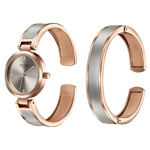 Sonata SP80138KM02WF | Sonata Poze Quartz Analog Grey Dial Two Toned Kada Strap Watch For Women
