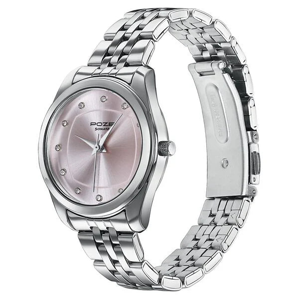 Sonata SP80146SM01W | Poze By Sonata Quartz Analog Pink Dial Silver Metal Strap Watch For Women
