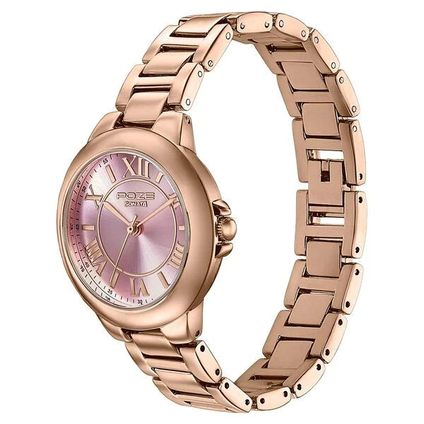Sonata SP80158WM01 | Poze By Sonata Quartz Analog Pink Dial Rose Gold Metal Strap Watch For Women