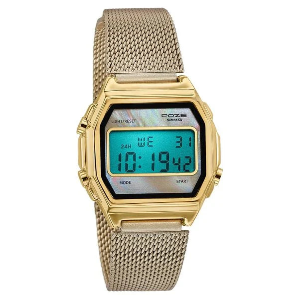 Sonata SP 80170YM01 | Poze By Sonata Digital Digital Beige Dial Beige Metal Strap Watch For Women