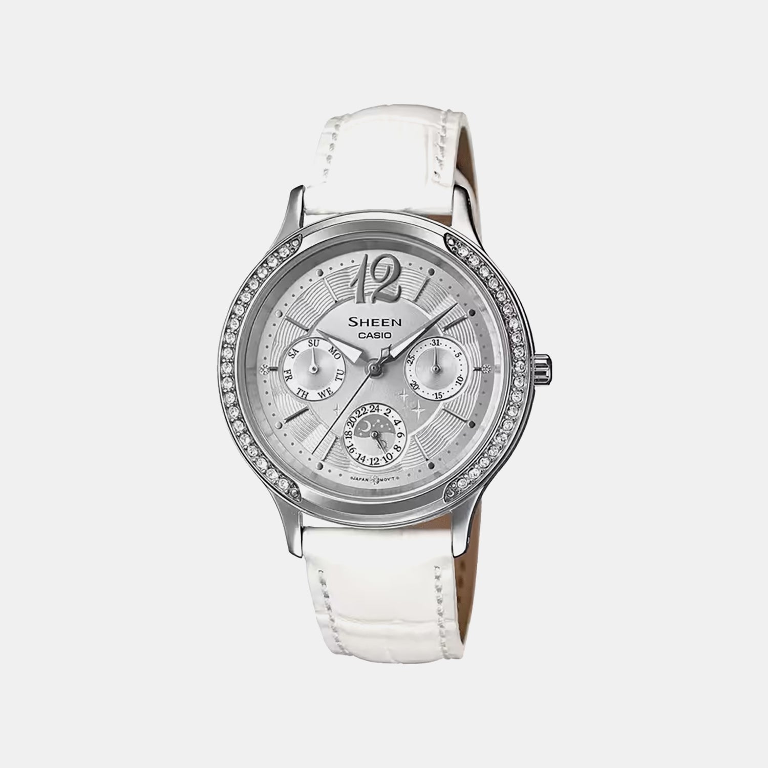 Sheen Women Quartz Silver Dial Multi-Function Leather Watch SX090
