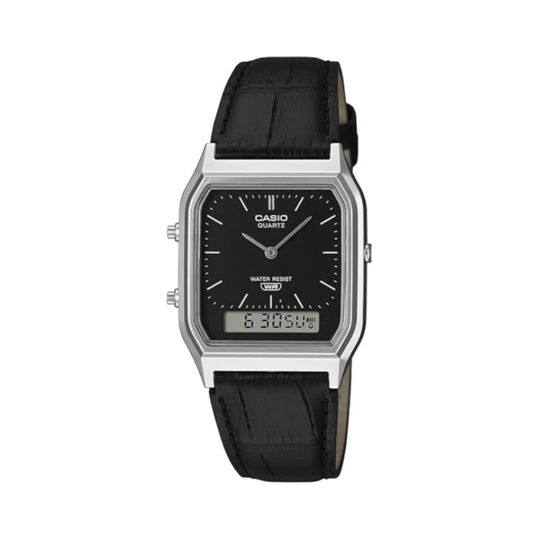 Casio AQ-230EL-1ADF D416 | Vintage Unisex Quartz Black Dial Analog-Digital Leather Watch