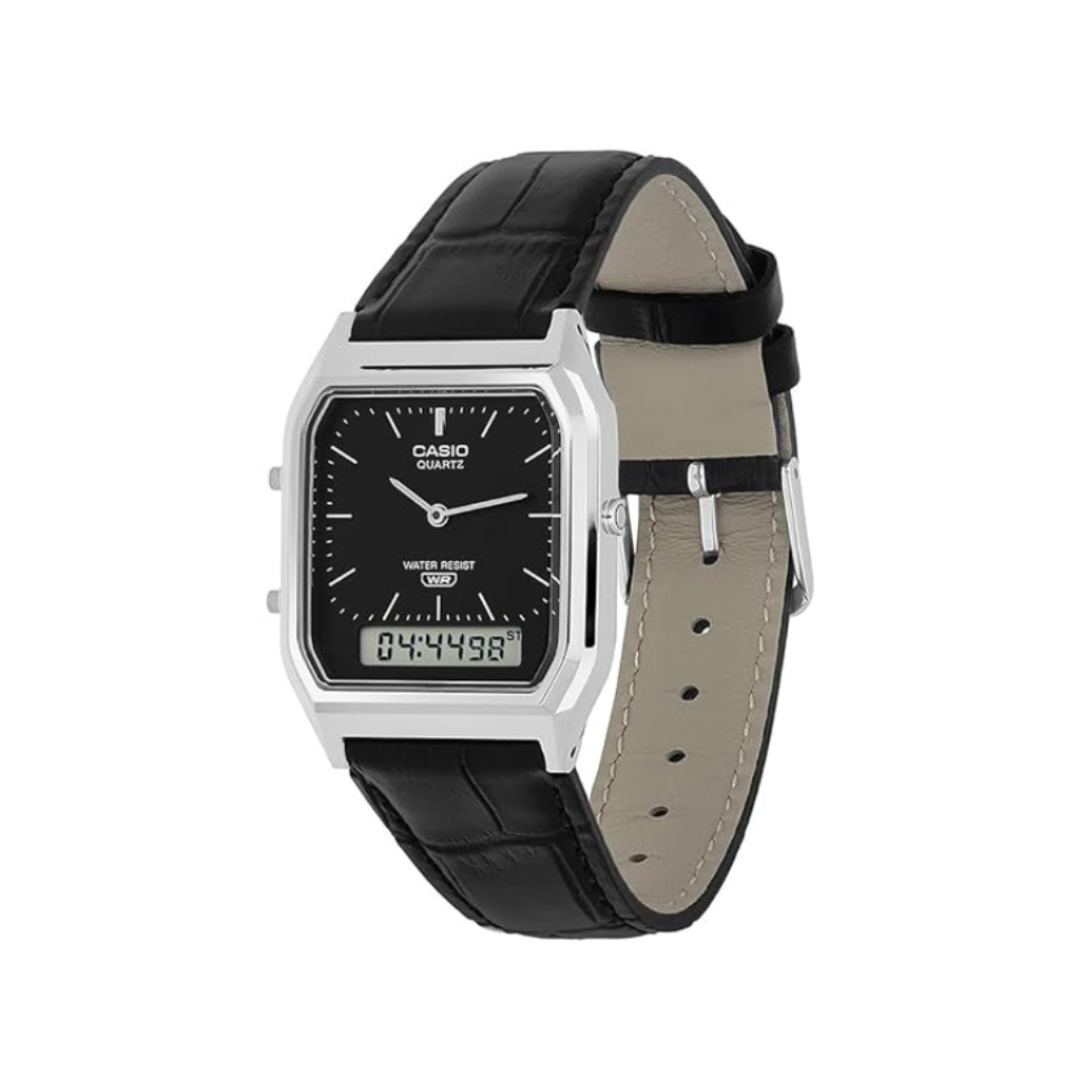 Casio AQ-230EL-1ADF D416 | Vintage Unisex Quartz Black Dial Analog-Digital Leather Watch