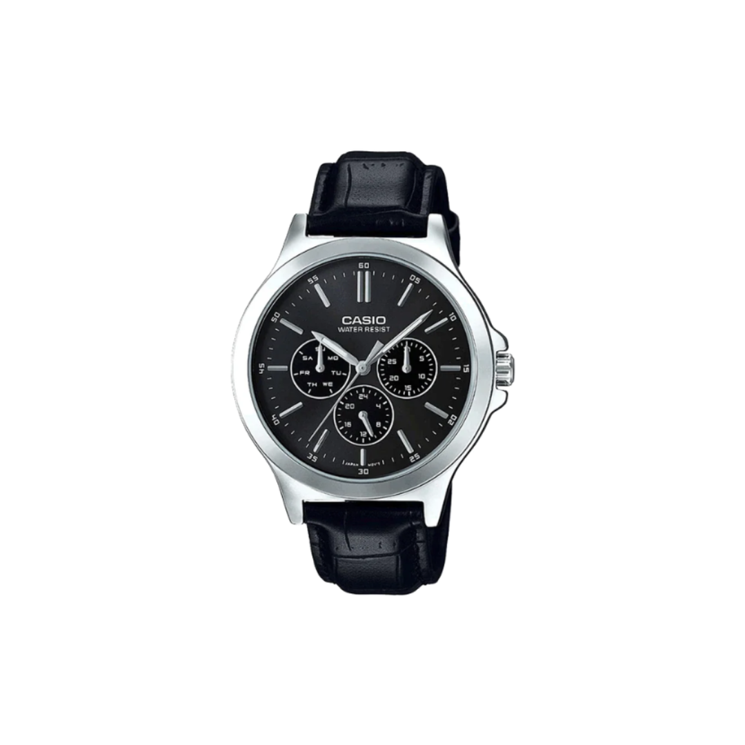 Casio MTP-V300L-1AUDF A1176 | Enticer Men Quartz Black Dial Multi-Function Leather Watch