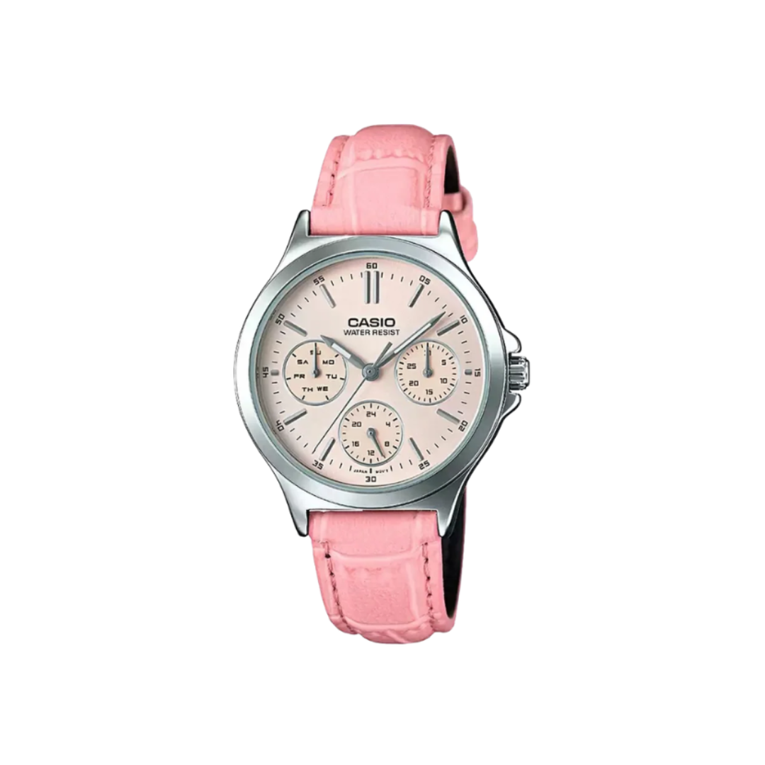 Casio LTP-V300L-4AUDF A1150 | Enticer Women Quartz Pink Dial Multi-Function Leather Watch