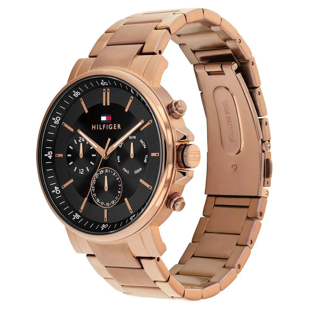 Tommy Hilfiger Quartz Multifunction Black Dial Brown Stainless Steel Strap Watch For Men