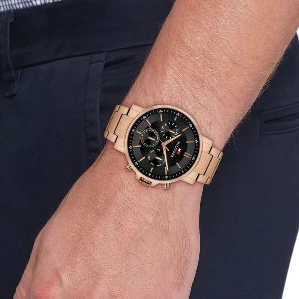 Tommy Hilfiger Quartz Multifunction Black Dial Brown Stainless Steel Strap Watch For Men