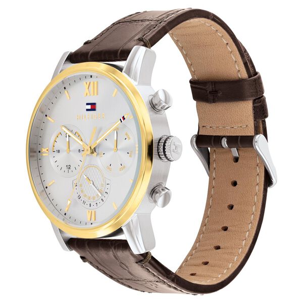 Tommy Hilfiger NETH1791884 | Tommy Hilfiger Multifunction Silver Round Dial Brown Leather Strap Watch For Men