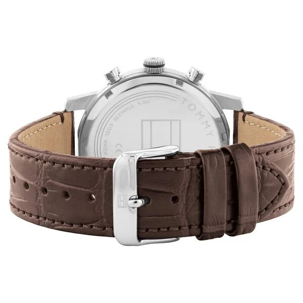 Tommy Hilfiger NETH1791884 | Tommy Hilfiger Multifunction Silver Round Dial Brown Leather Strap Watch For Men