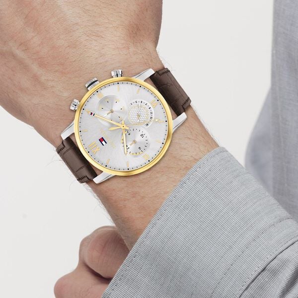 Tommy Hilfiger NETH1791884 | Tommy Hilfiger Multifunction Silver Round Dial Brown Leather Strap Watch For Men