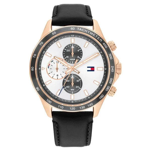 Tommy Hilfiger TH1792016 | Tommy Hilfiger Multifunction Silver Dial Black Leather Strap Watch For Men