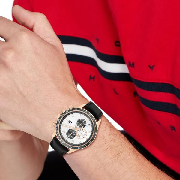 Tommy Hilfiger TH1792016 | Tommy Hilfiger Multifunction Silver Dial Black Leather Strap Watch For Men