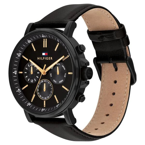 Tommy Hilfiger TH1792144 | Tommy Hilfiger Multifunction Black Round Dial Black Leather Strap Watch For Men