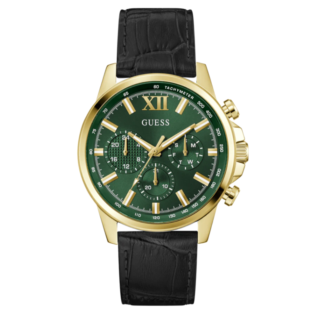 Guess GW0901G4 | Mens Black Multi-function Leather Strap Watch.