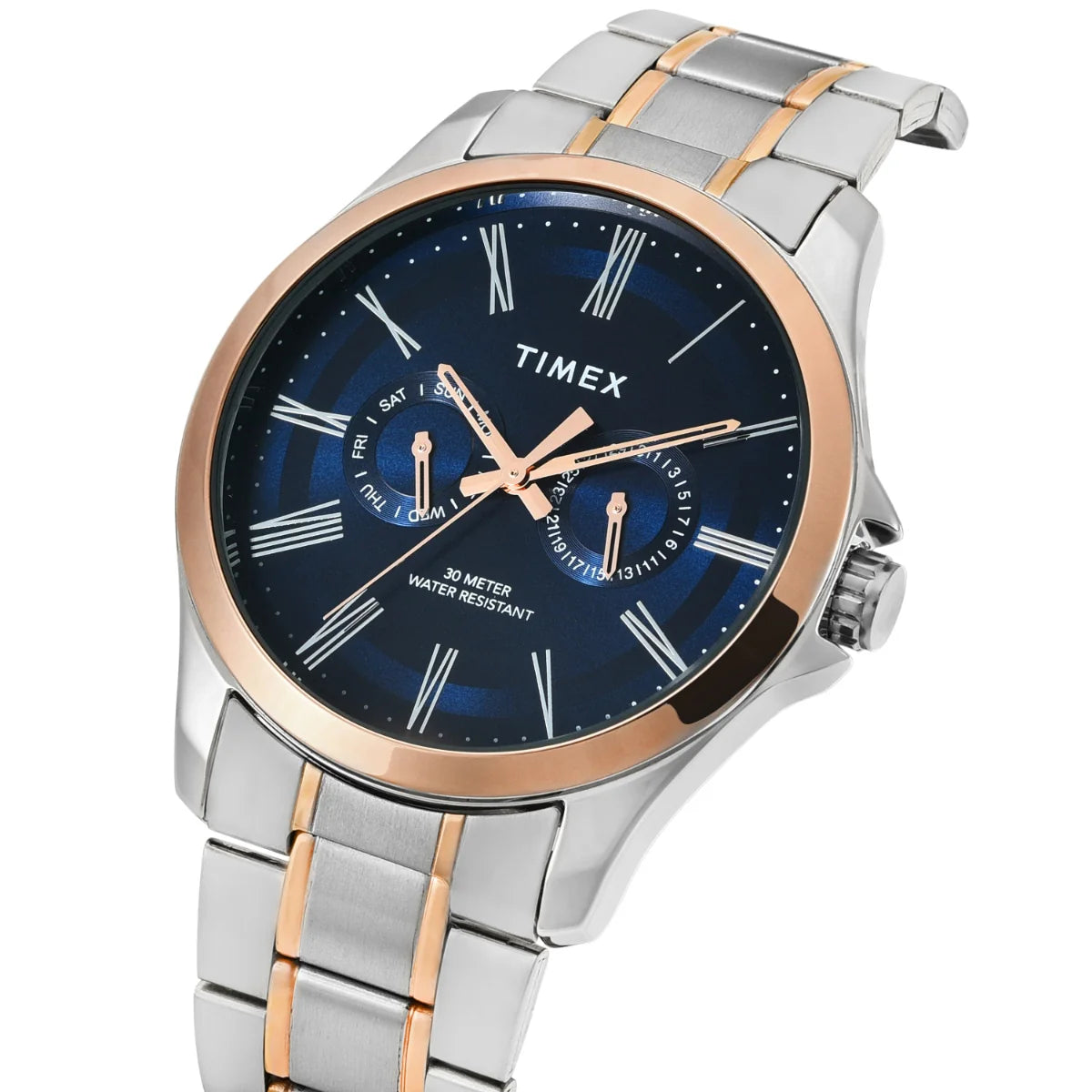 Timex TW000X131 | Timex Men Analog Blue Round Brass Dial Watch.