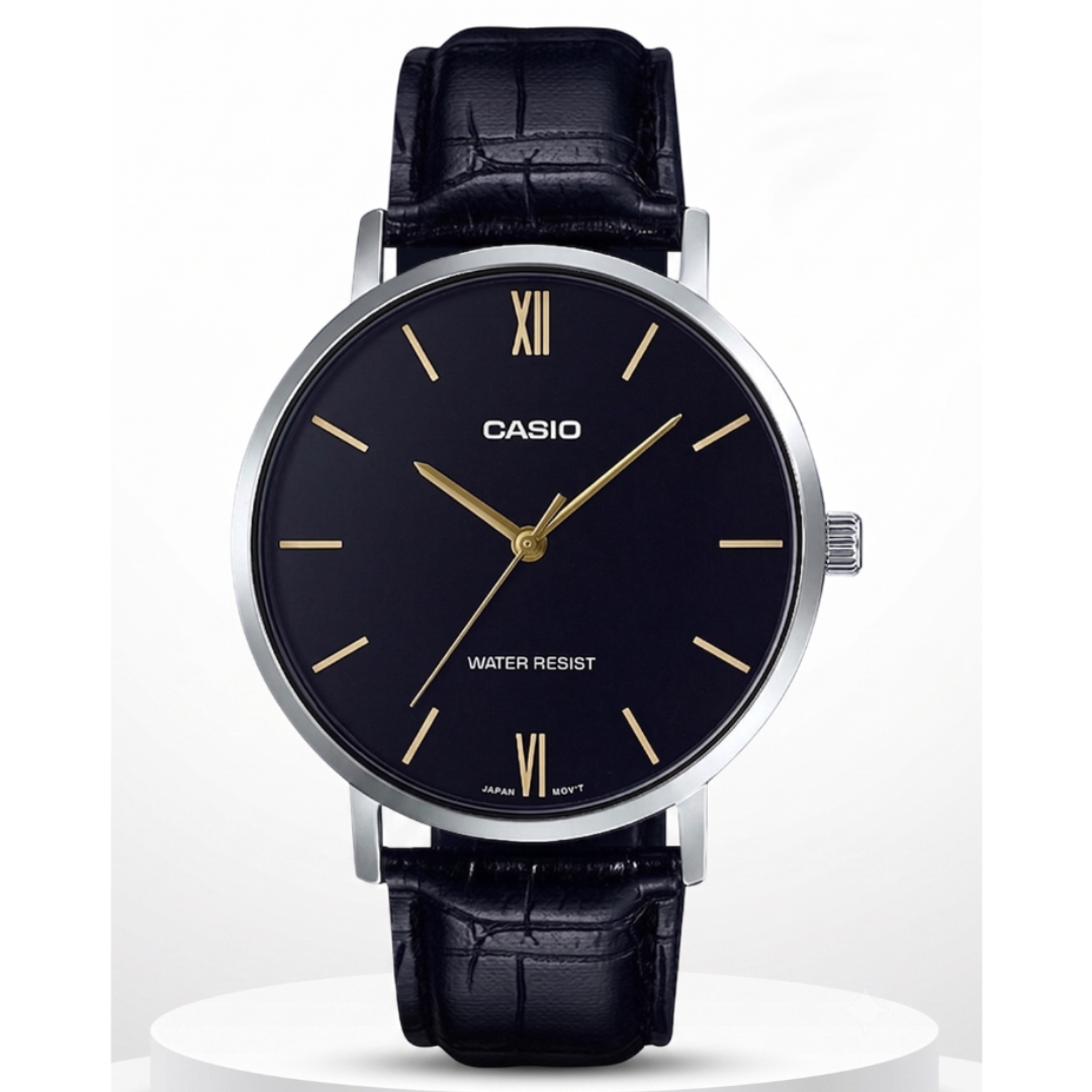 Casio MTP-VT01L-1BUDF A1615 | Enticer Men Quartz Black Dial Analog Leather Watch