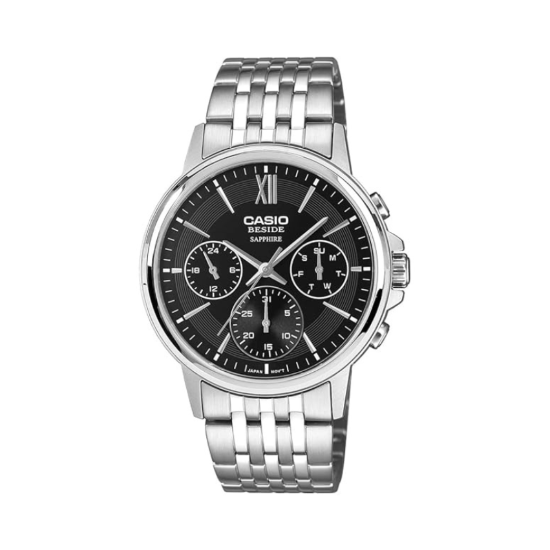 Casio BMS-300D-1AVDF A2540 | Entice Men Quartz Black Dial Analog Stainless Steel Watch