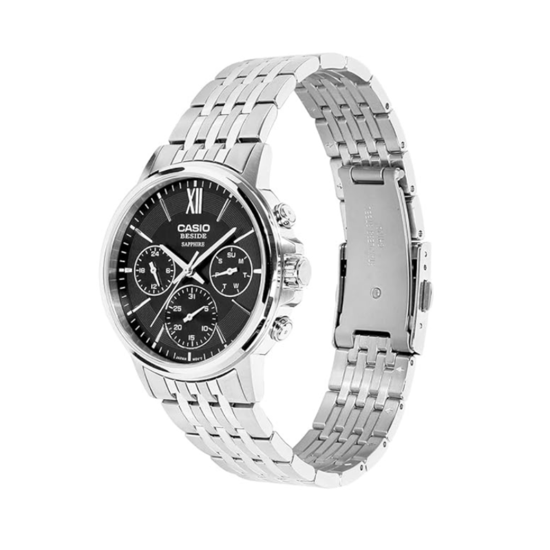 Casio BMS-300D-1AVDF A2540 | Entice Men Quartz Black Dial Analog Stainless Steel Watch