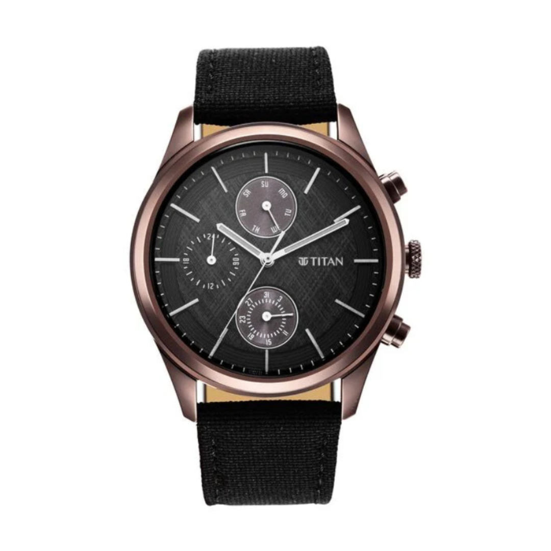 Titan 1805QP01 | Titan Men's Infinity Chrono watch: Precise Blue Dial, Rose Gold Highlights, Durable Leather Strap