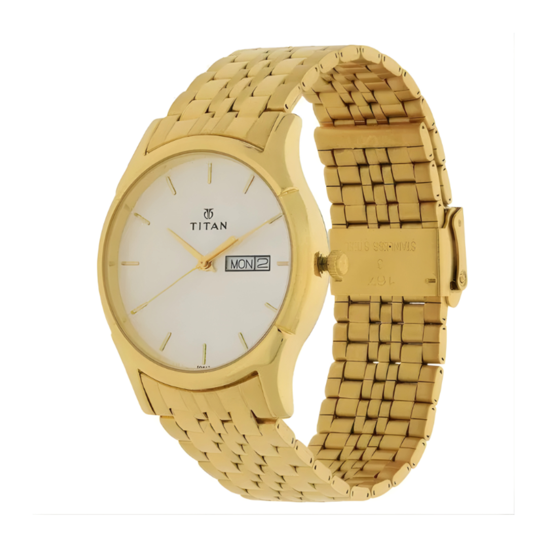 Titan 1636YM01 | Titan Quartz Analog with Day and Date Silver Dial Stainless Steel Strap Watch for Men