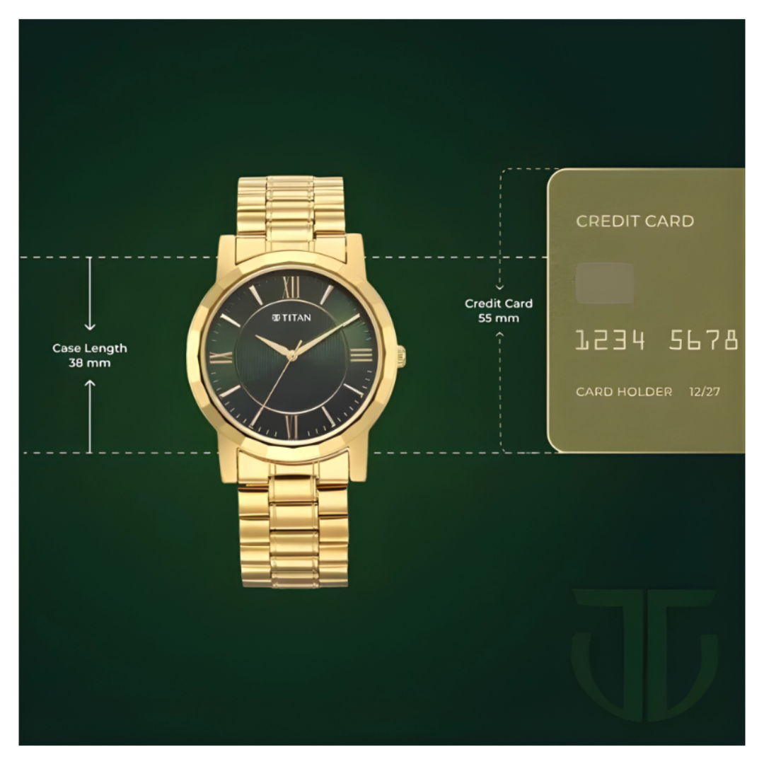 Titan 1644YM05 | Titan Karishma Zing Quartz Analog Green Dial Golden Stainless Steel Strap Watch For Men